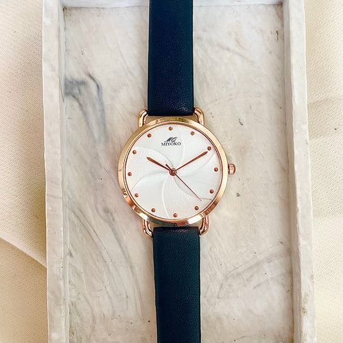 Black White Floréa Leather Watch