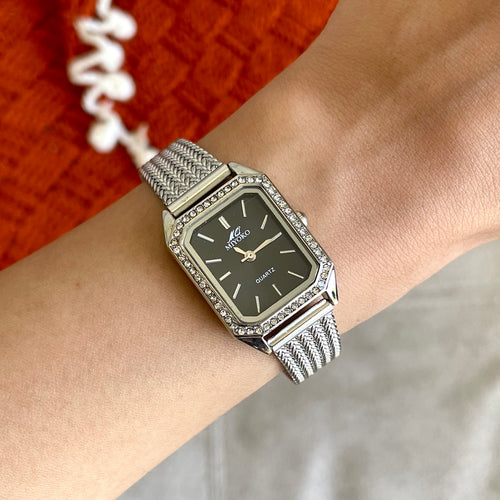 Silver Black Marquise Metal Watch