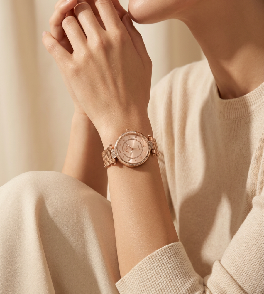 Firefly_Gemini Flash_-Luxury fashion photography of a women_s rose gold watch worn by a female model. Only 177414